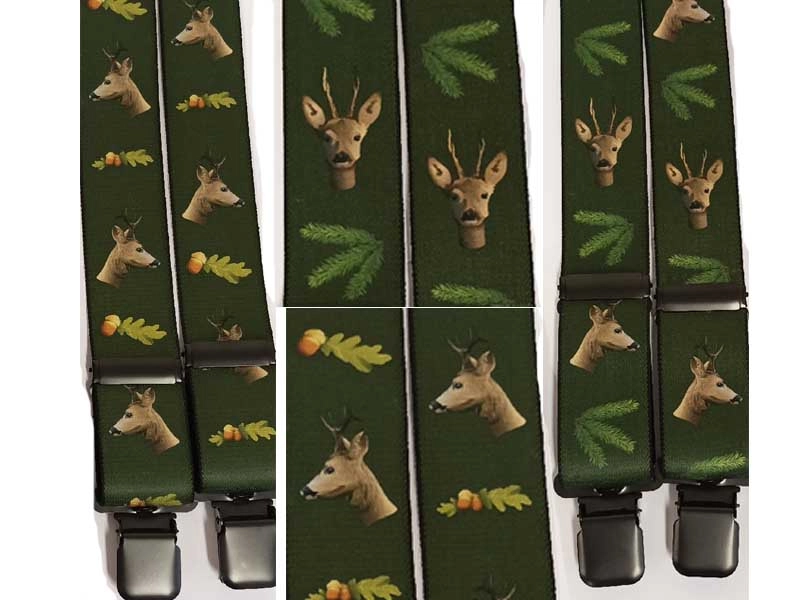 Kvalitní šle s loveckým vzorem srnec/dub/smrk šíře 4cm, vzor Y, kování